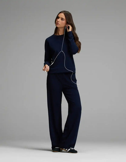 Women's Brushed Bamboo Pullover Crew & Wide Leg Pull On Pant Set